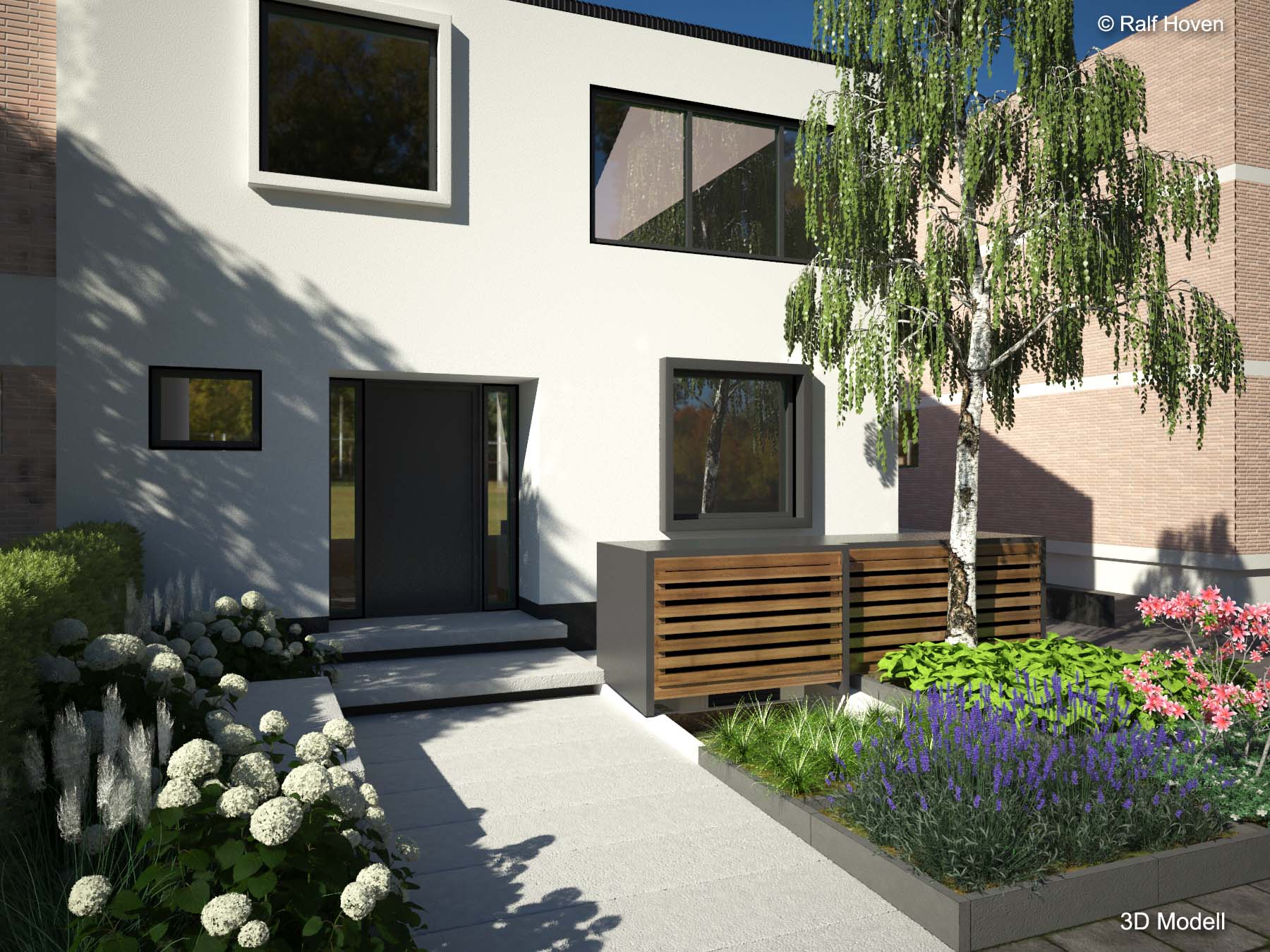 Gartenplanung 3D, Pulheim, Eingangsbereich, Stufen, Hochbeete, modern