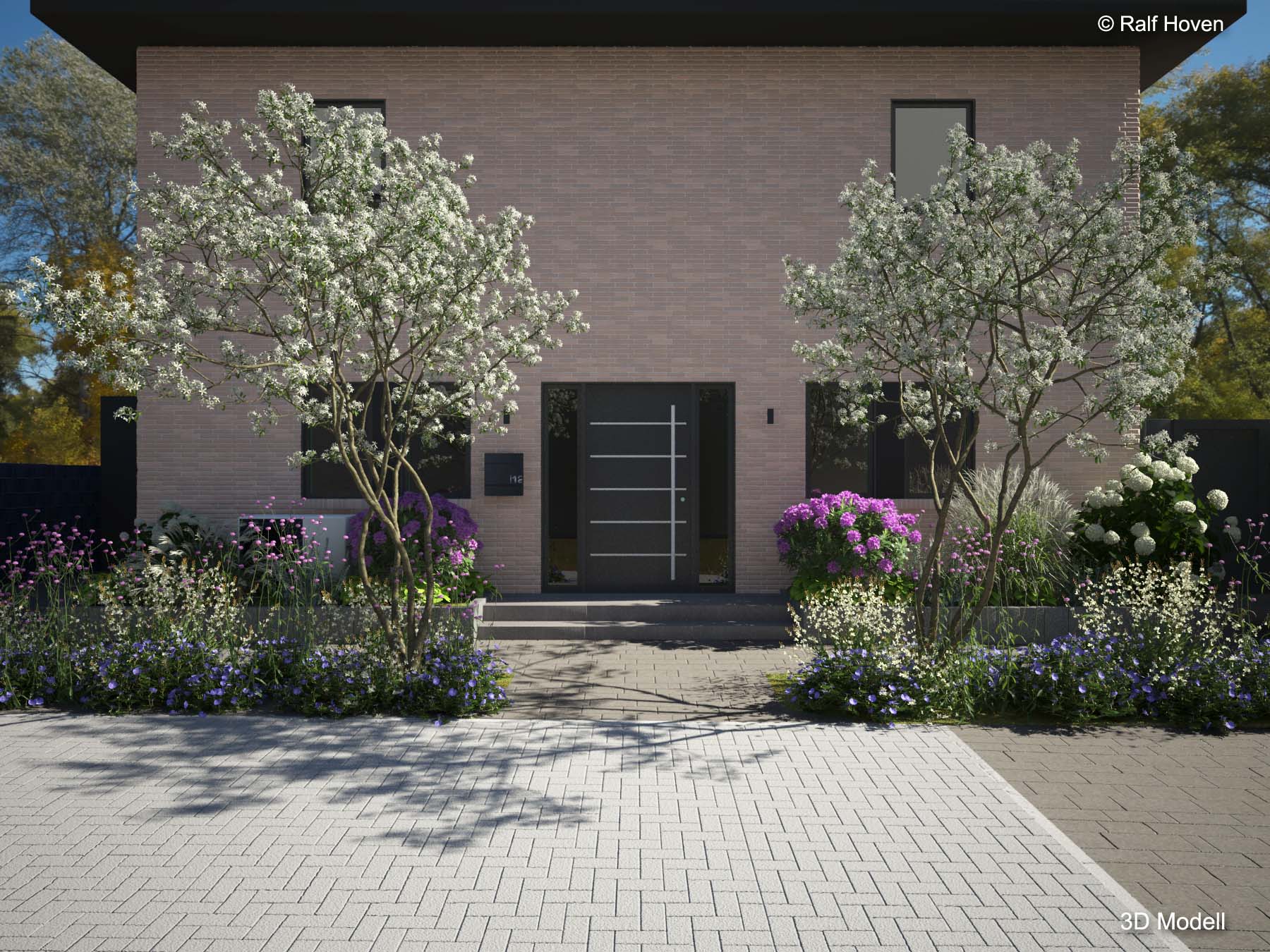 Gartenplanung 3D, Pulheim, Eingangsbereich, Stufen, Hochbeete, modern