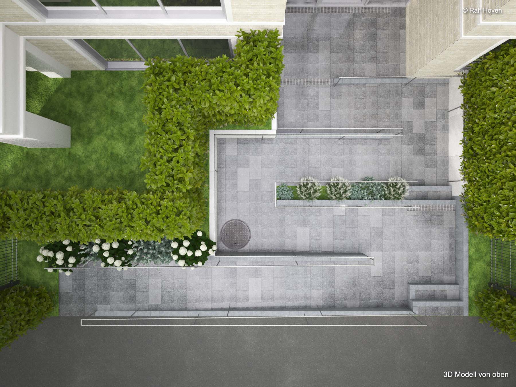 Gartenplanung 3D, Köln Lindenthal, Naturstein, rollstuhlgerecht, modern